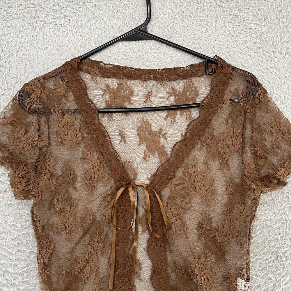 Y2K Sheer Lace Fairy Top Womens Medium Floral Tie Front Cropped Y2K Fairycore - Picture 2 of 11